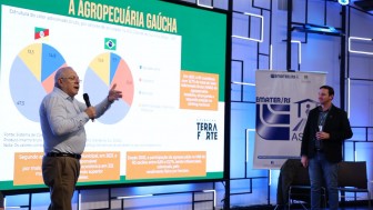 Secretário Covatti e presidente da Emater/RS, Luciano Schwerz, falam com a plateia